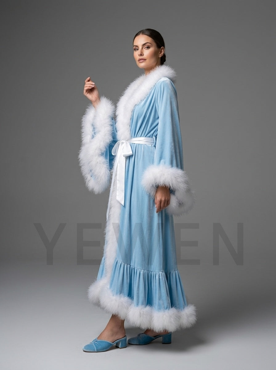 Velvet Christmas Robe with White Faux Fur Trim and Ruffle Hem YD261014