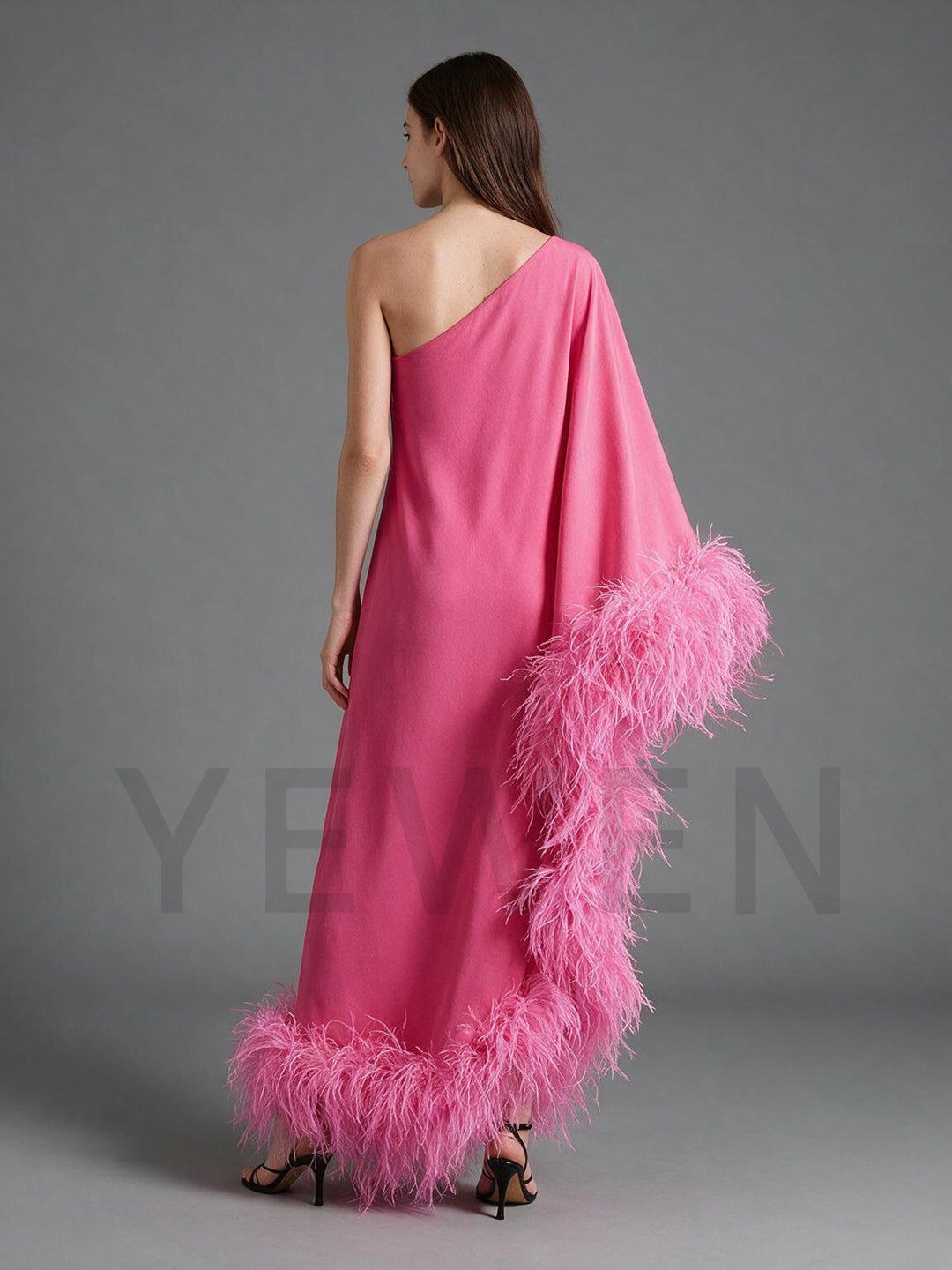 One-Shoulder Poncho Ostrich Feather Satin Evening Gown YW2610065