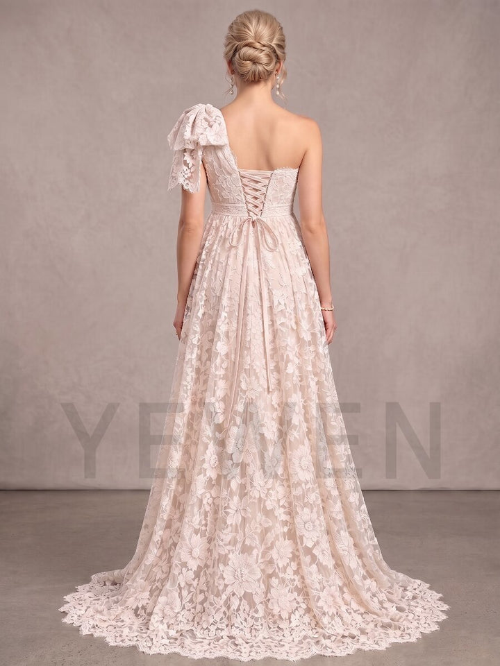 Ivory One-Shoulder Ruffle Lace Maternity Wedding Dress L-26947