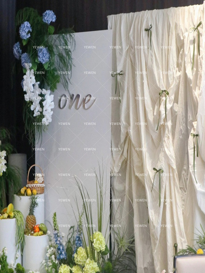Off-white Bow Pleated Cotton Linen Backdrop Thickened Opaque Photography Background Cloth for Birthday Engagement Photo Props YW2603131D