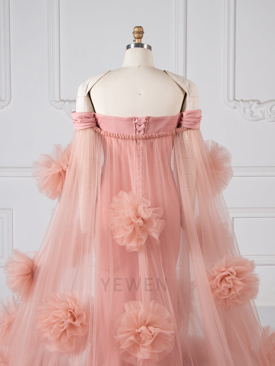 Dusty Pink Maternity Photoshoot Dress Tulle Rose Cape Mermaid Maternity Baby Shower Gown YW250074