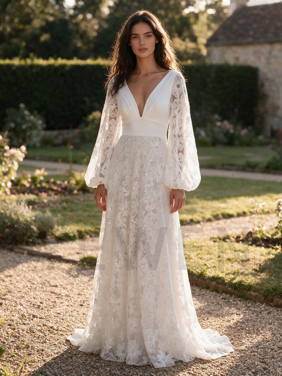 Ivory A-Line Floral Long Sleeve Lace Boho Wedding Dress