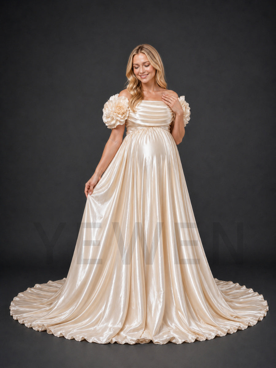 Champagne Off-Shoulder 3D Rose Satin Maternity Photoshoot Gown HY269003