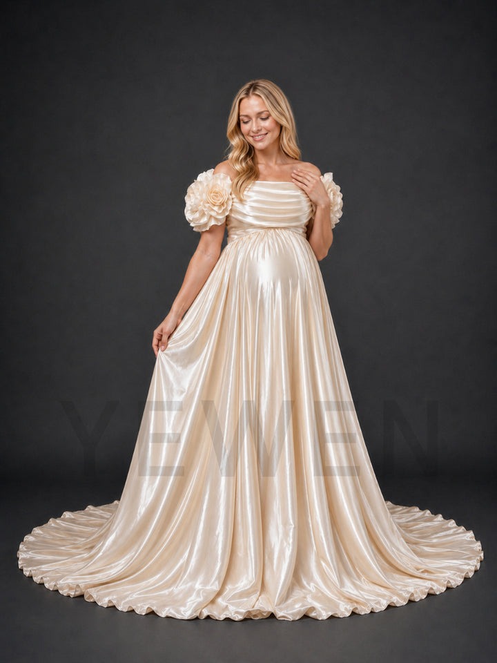 Champagne Off-Shoulder 3D Rose Satin Maternity Photoshoot Gown HY269003