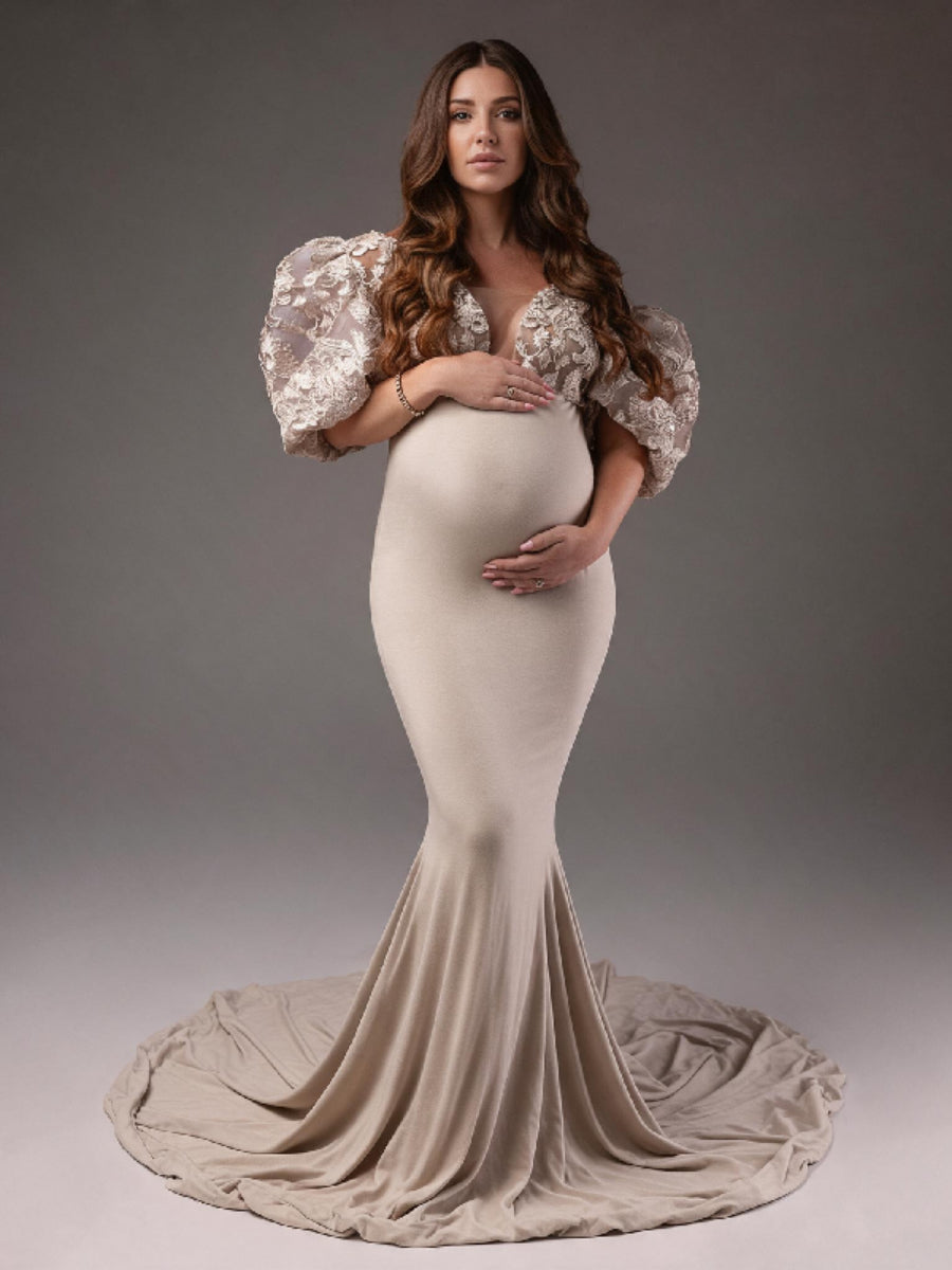 Lace Puff Sleeve Fitted Mermaid Maternity Photoshoot Gown YW2609302