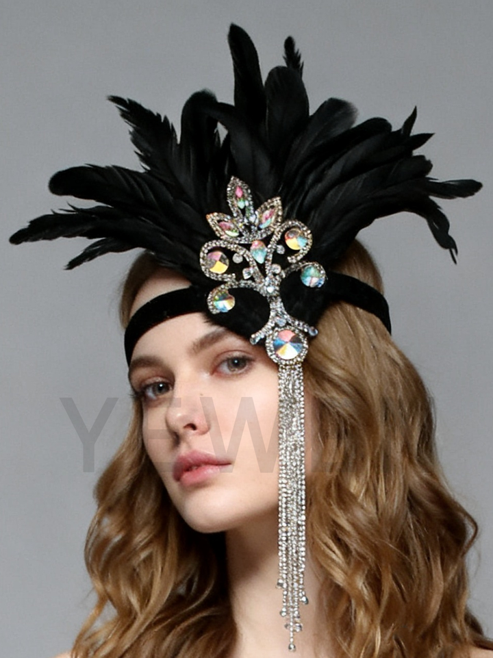 Hair Accessories Black Feather Headpiece with Rhinestone Tassel for Party Flapper Rhinestone Headband Photoshoots Head Dress YW2603061D