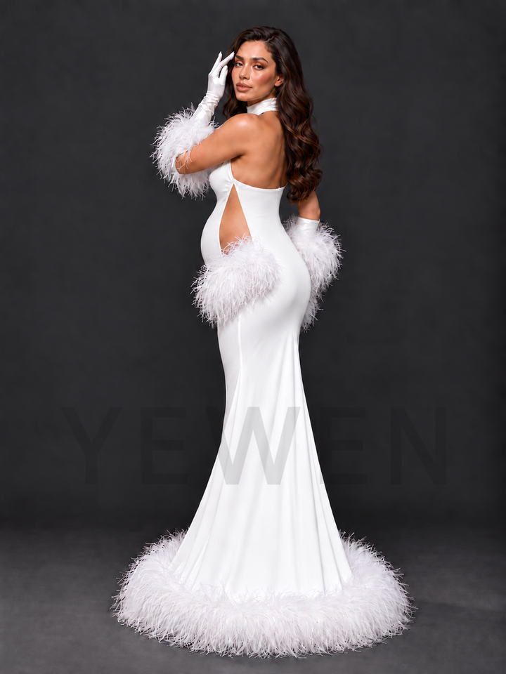 White High Halter Cutout Feather Maternity Photoshoot Gown HY269007