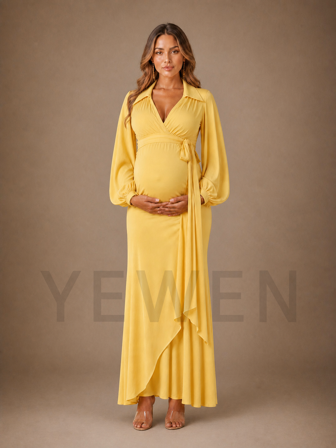 Yellow V-Neck Maternity Baby Shower Dress with Lantern Sleeves ZX017