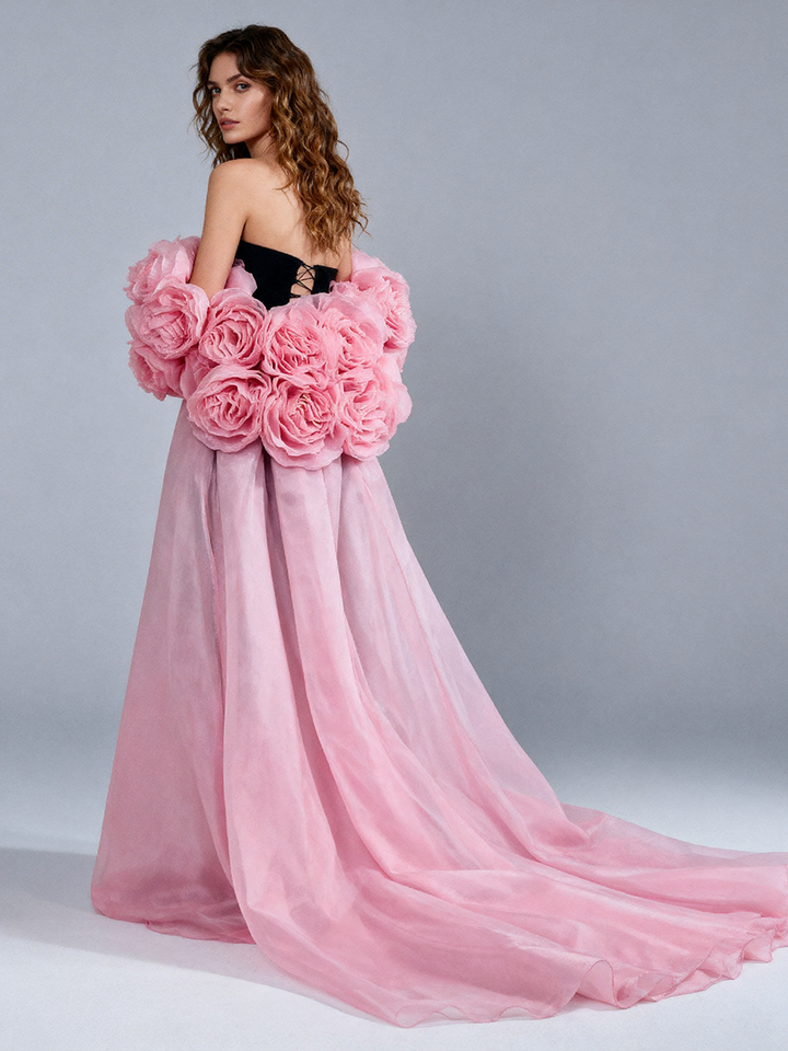 Pink Bridal Organza Cape with Handmade Flowers Detachable Wedding Cape Train Romantic Lightweight Bridal Accessory