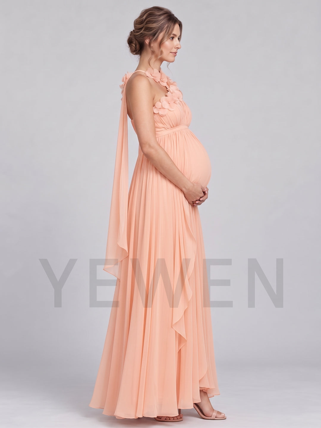 One-Shoulder Flowy Cape 3D Floral Maternity Baby Shower Dress L-26946