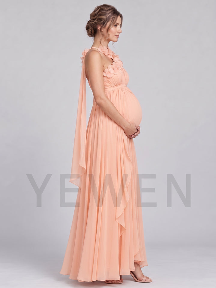 One-Shoulder Flowy Cape 3D Floral Maternity Baby Shower Dress L-26946