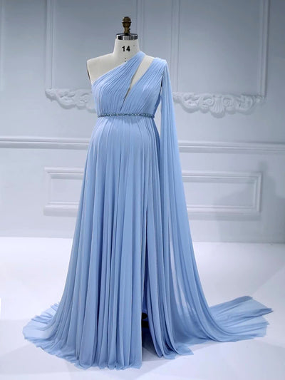 Elegant One-Shoulder , Cape Sleeve,  Soft Mesh, Maternity Dress Photoshoot