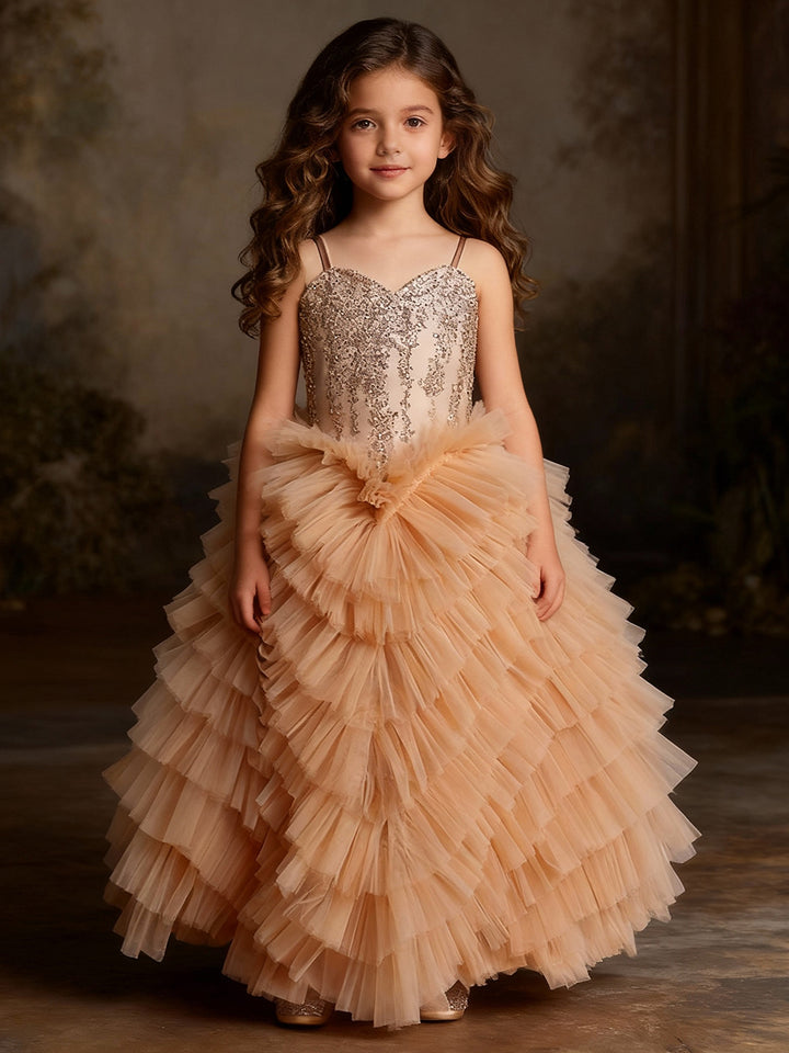 V Neck First Communion Dresses for Girls Layered Ruffles Flower Girl Dresses Princess Party Dress Photo shooting Dress
