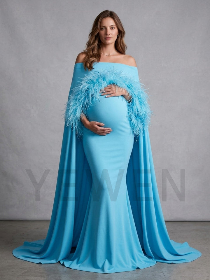Off-Shoulder Feather Cape Pregnancy Dress for Baby Shower YW2609232