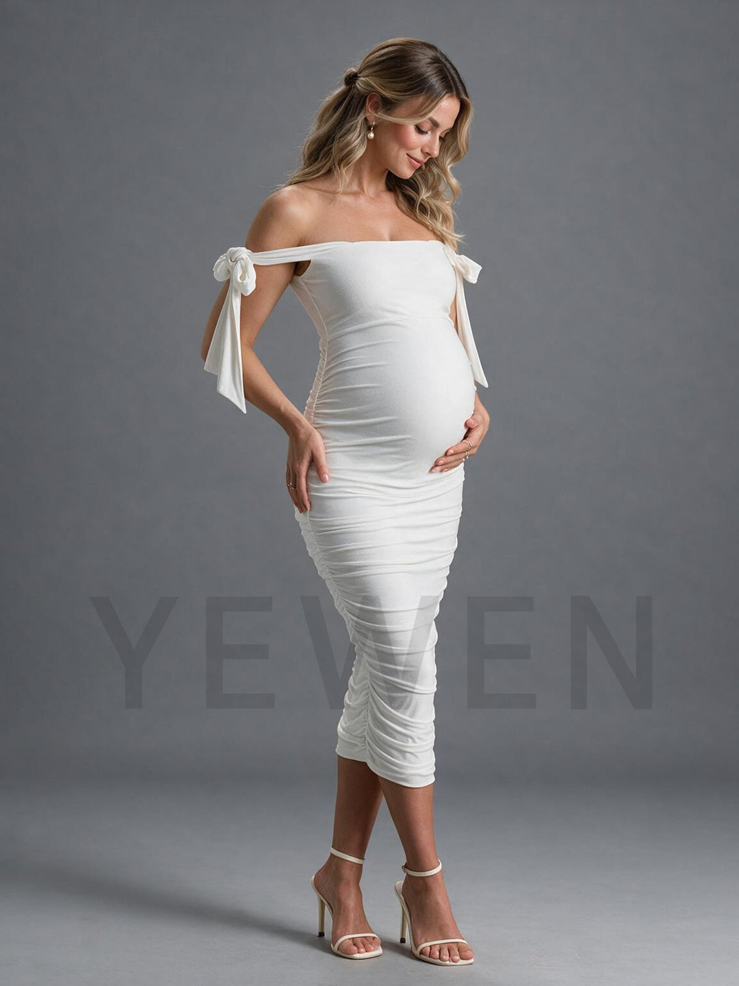 Off-Shoulder Tie Strap Ruched Maternity Dress for Baby Shower YM261001