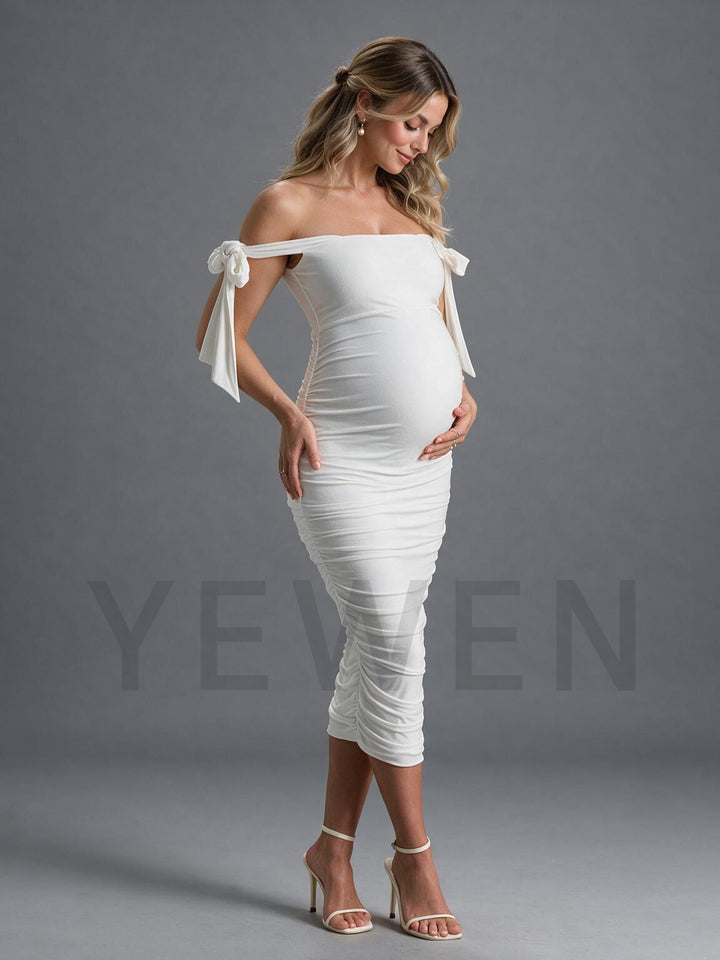 Off-Shoulder Tie Strap Ruched Maternity Dress for Baby Shower YM261001