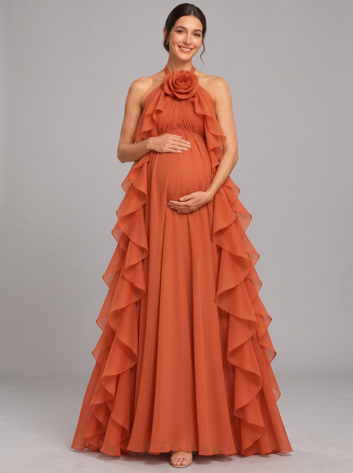 Halter 3D Rose Ruffle Chiffon Maternity Baby Shower Dress L-26941