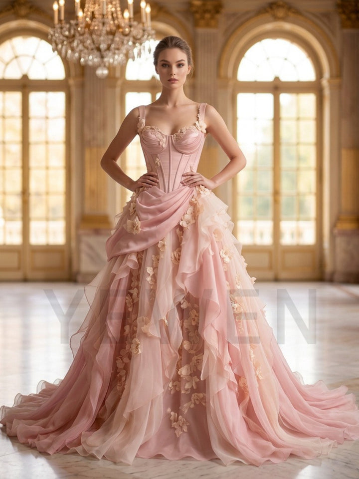 Romantic Pink Sweetheart Boned Corset 3D Floral Evening Gown YD260915