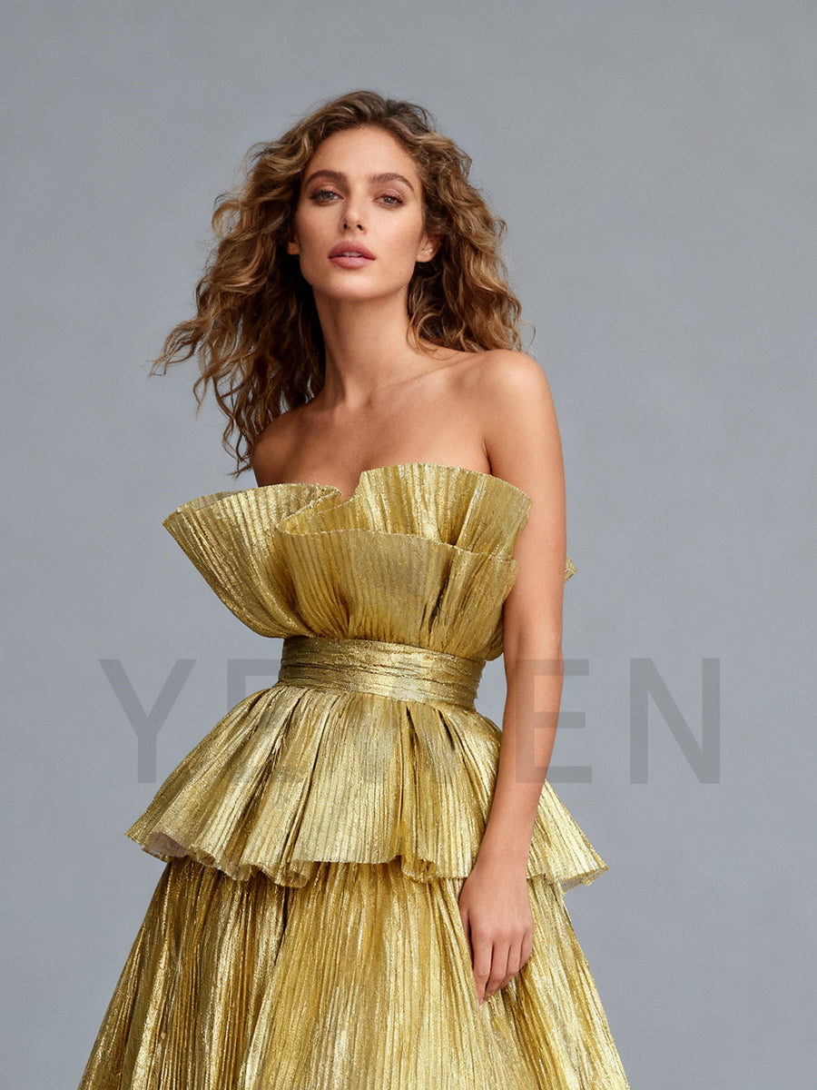 Golden Tored Puffy Pleated Evening Dresses Formal Occasion Prom Party Gown 2025