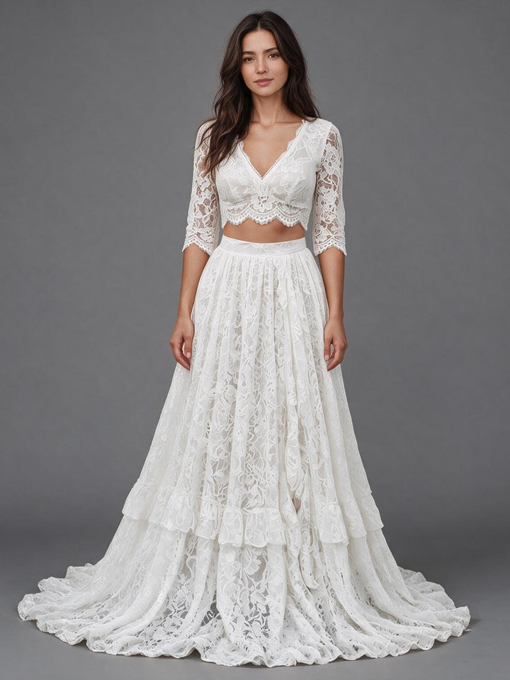 Ivory V-Neck Elbow Sleeve Lace Crop Top Boho Wedding Dress