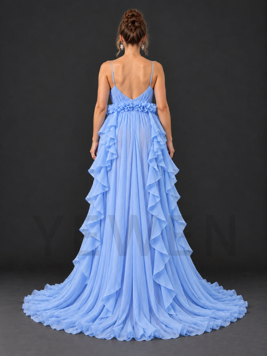 Spaghetti Deep V-Neck Tulle Ruffle Maternity Photoshoot Gown HA261003