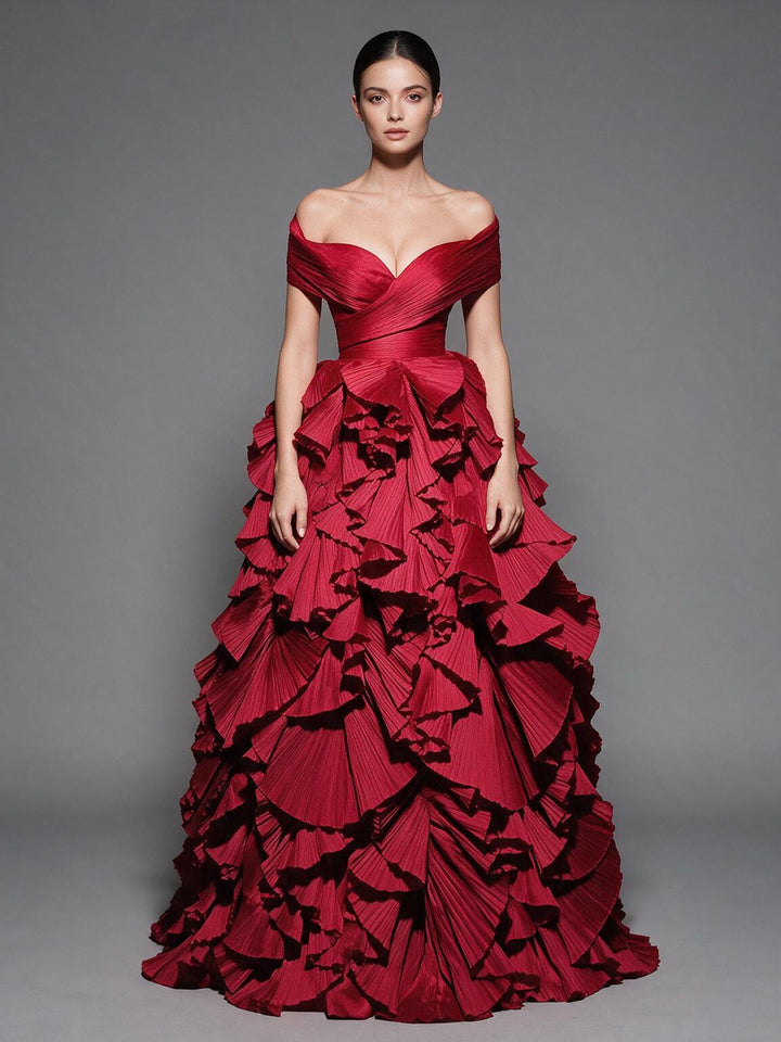Red Off-Shoulder Criss-Cross Pleated Tiered Christmas Dress YW2610093