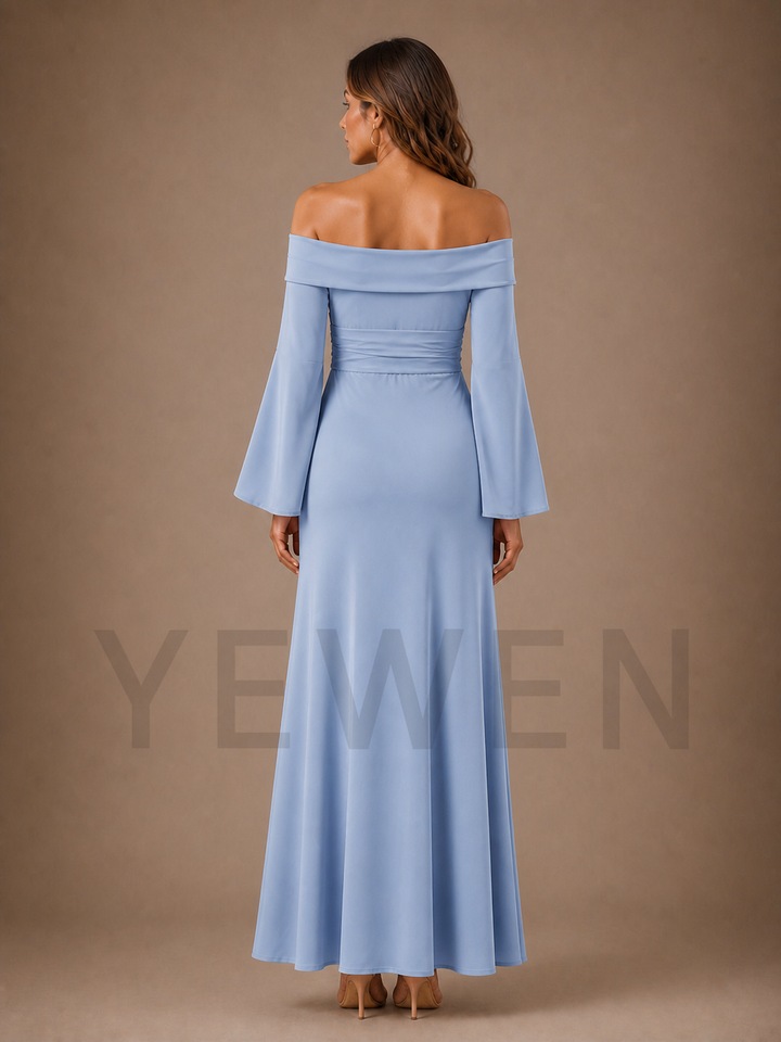 Dusty Blue Off Shoulder Maternity Baby Shower Dress with Flare Sleeves ZX018