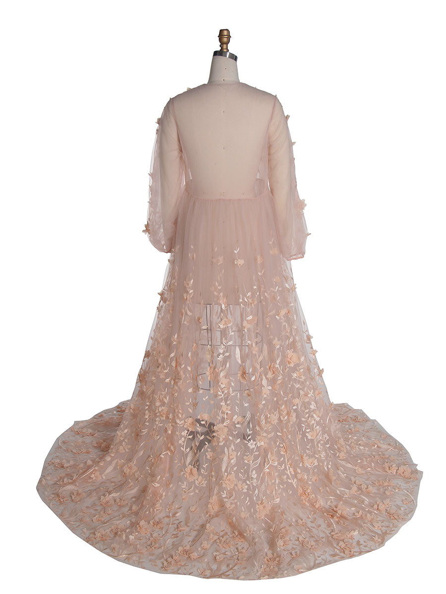Blush Dress with 3D Floral Lace Boho Sheer Mesh Fairy Maxi Dress Photoshoot Outfit YW240107 yewendress Blush Dress with 3D Floral Lace Boho Sheer Mesh Fairy Maxi Dress Photoshoot Outfit YW240107 yewendress