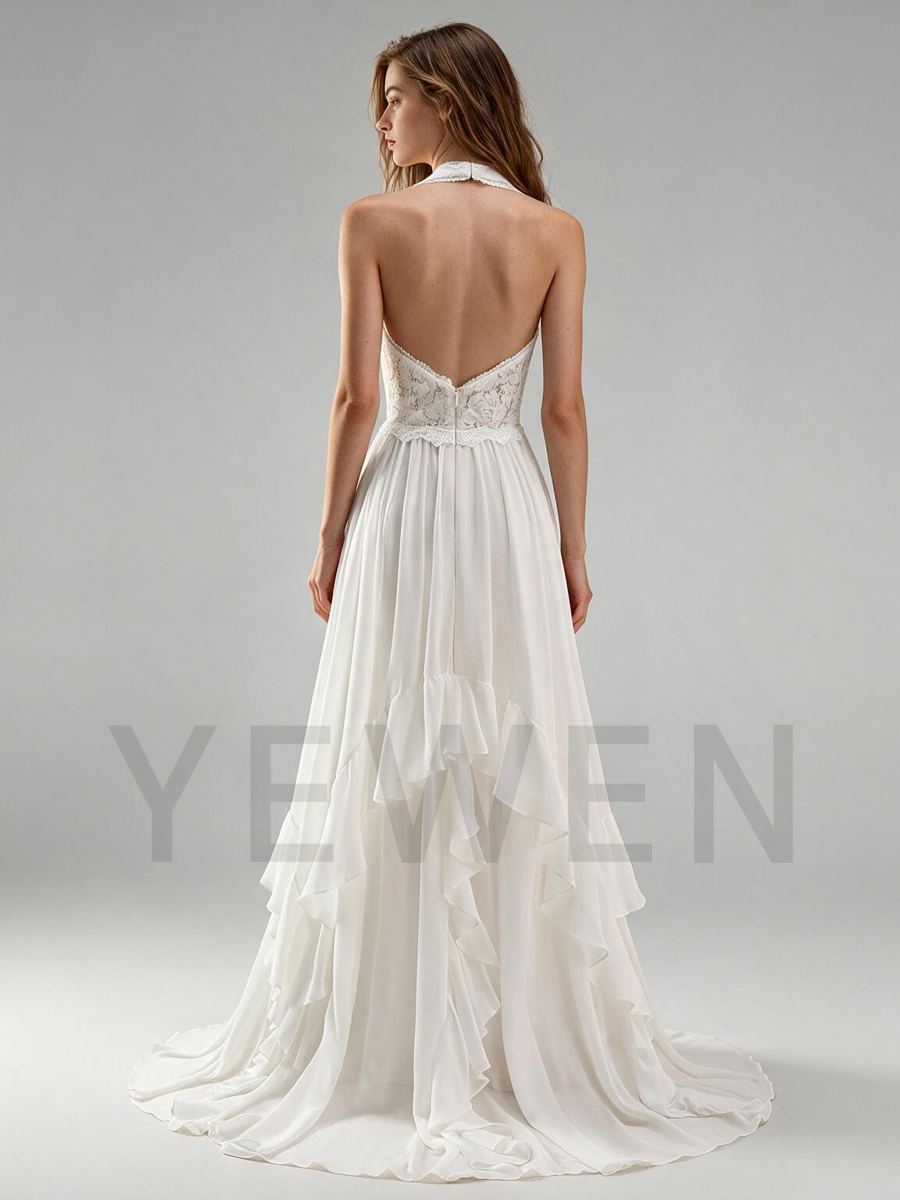 Ivory Halter Chiffon Wedding Dress with Lace Bodice and Ruffled Maxi Skirt