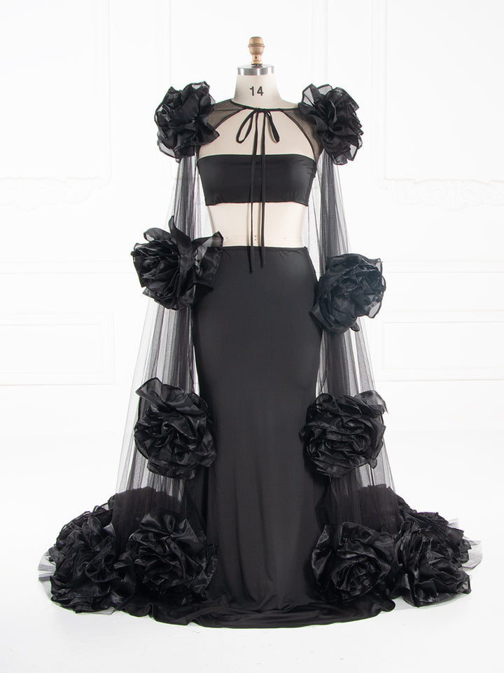 Dramatic Black Maternity Dress Photoshoot Big Flower Cape 3 Piece Set Baby Shower Dress YW250087