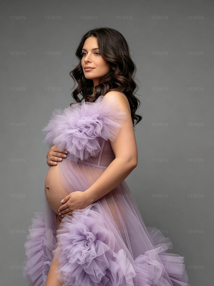 Purple Maternity Dress for Photoshoot Pregnancy Gown Sweetheart Ruffle Baby Shower Dress