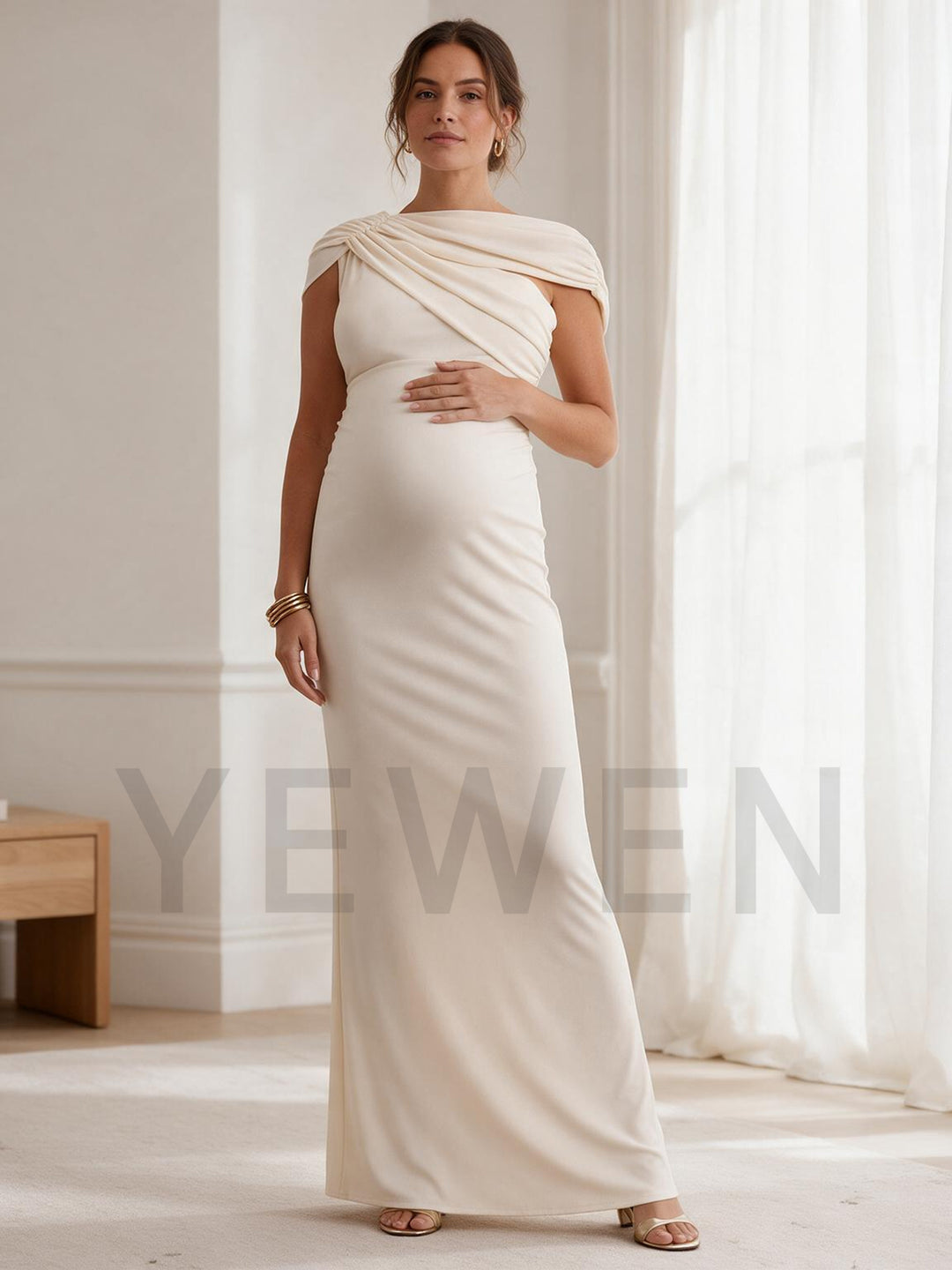 Ivory Asymmetrical Draped Neckline Maternity Dress for Baby Shower