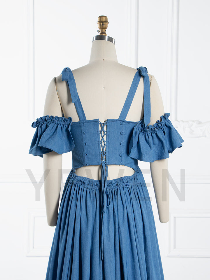 Off Shoulder Ruffle Sleeves Denim Blue Maxi Dress Boho Dress for Photoshoots YW250070