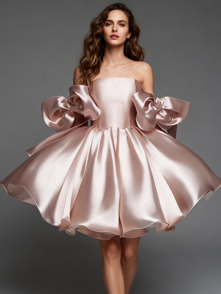 Pink Mini Length Prom Dress Ribbon Bow Sleeves Cocktail Dresses