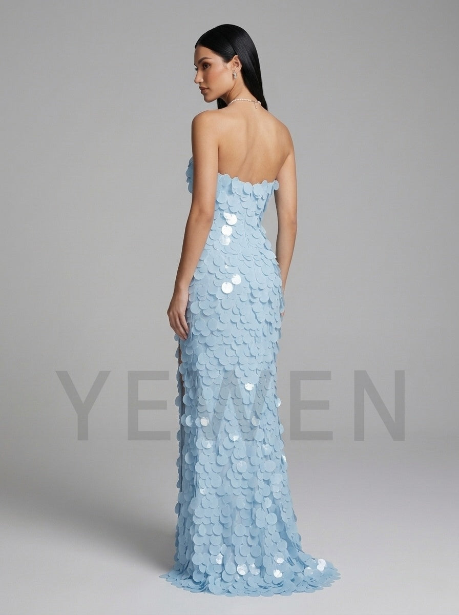 High Slit Fitted Paillette Sequin Strapless Prom Dress YD261025