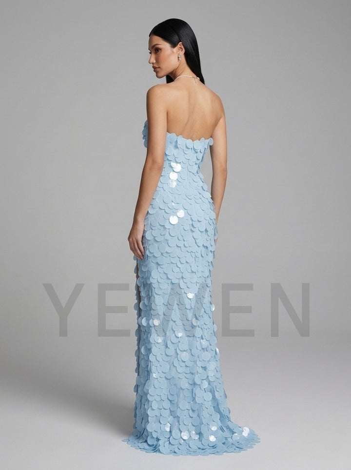 High Slit Fitted Paillette Sequin Strapless Prom Dress YD261025