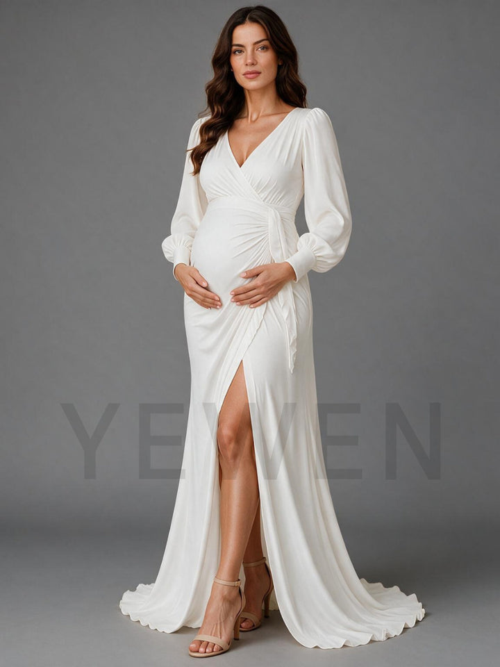 White Wrap V-neck Long Sleeves Maternity Dress For Baby Shower