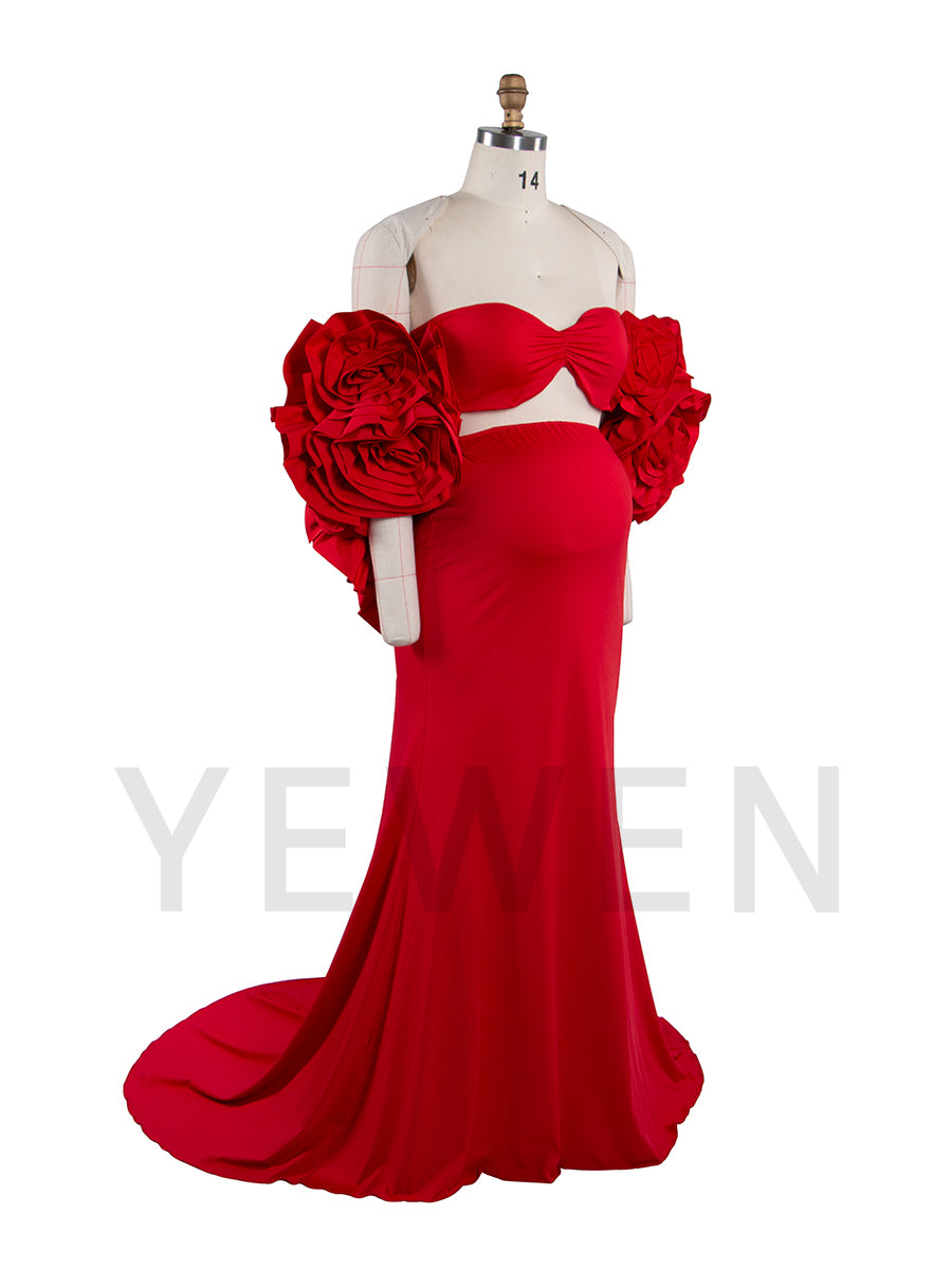 Red Maternity Flowers Cape with Skirt  2 Piece Set Pregnant Gowns Baby Shower Dress YW251040