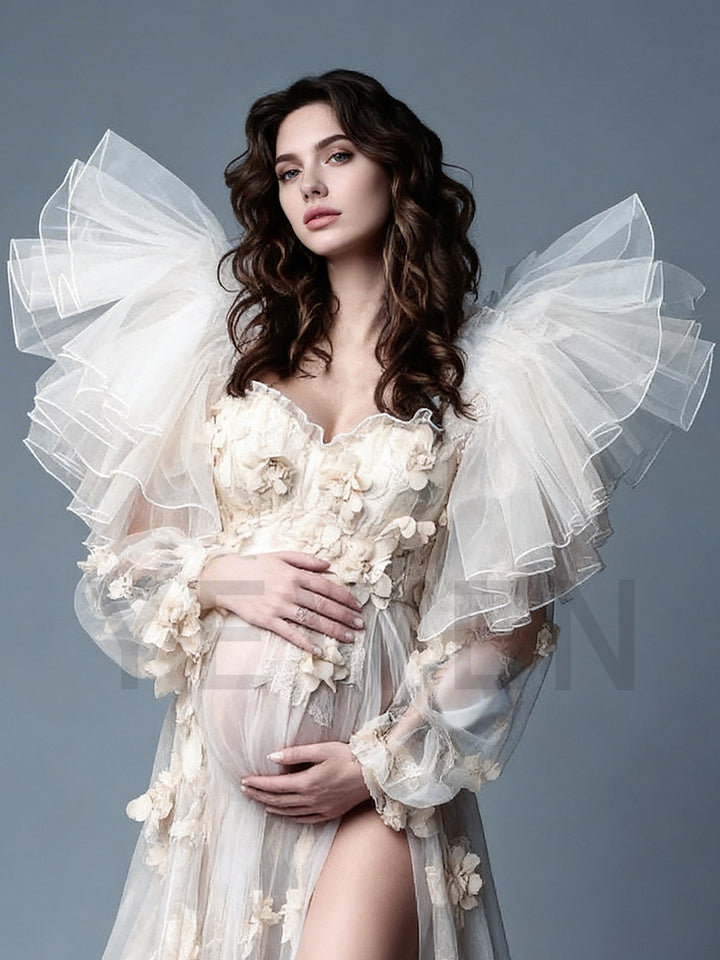 Princess Maternity Dress Ruffles Shoulder 3D Floral Tulle Mommy Party Baby Shower Gown