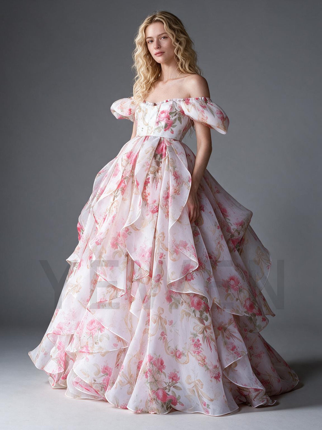 Pink Floral Print Off-Shoulder Puff Sleeve Princess Dress YW2609297