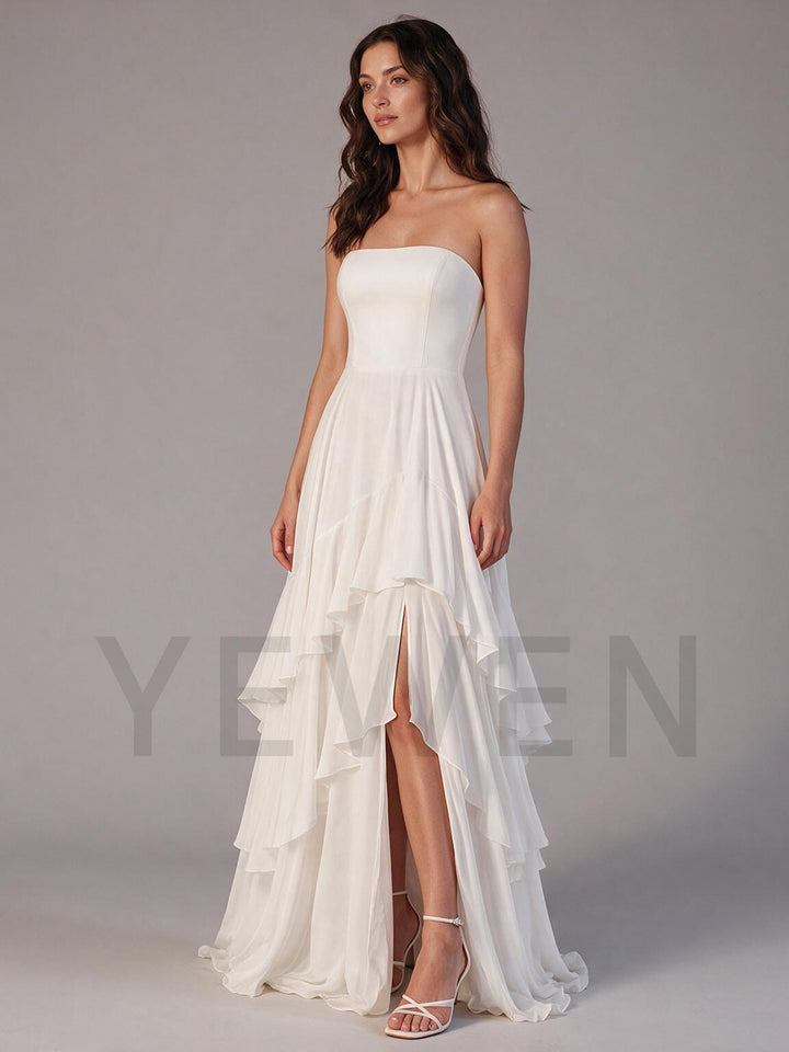 Ivory Strapless Chiffon Wedding Dress with High Slit Ruffle Skirt
