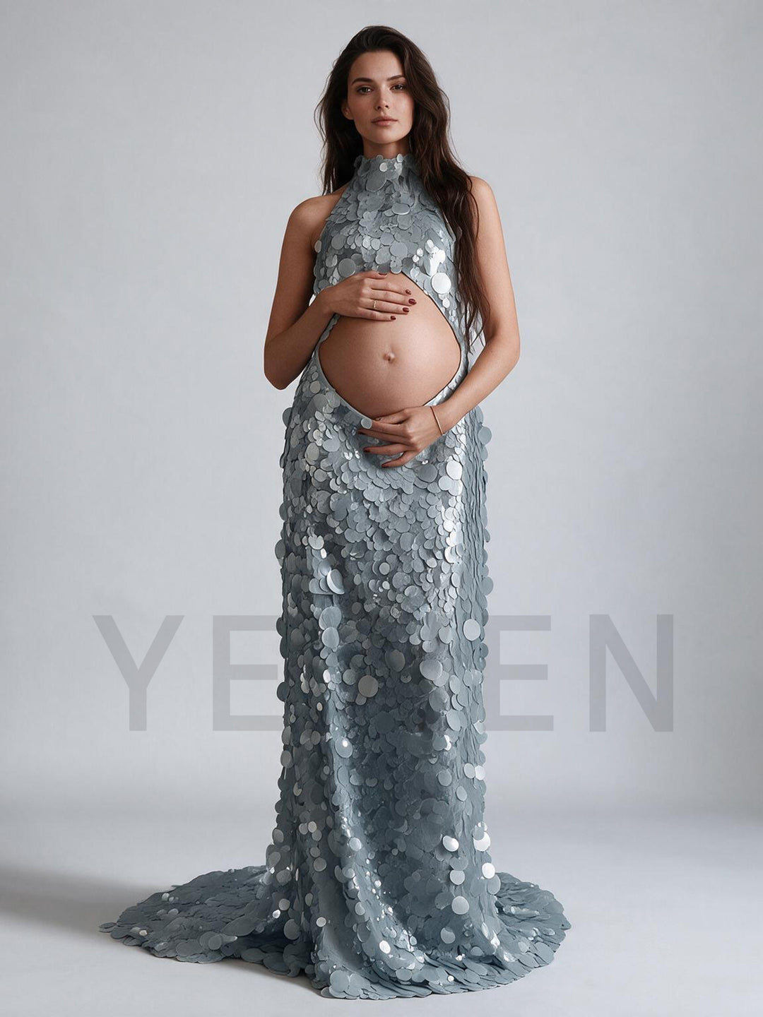 Halter Cutout Belly Sequin Maternity Baby Shower Dress YW2609233