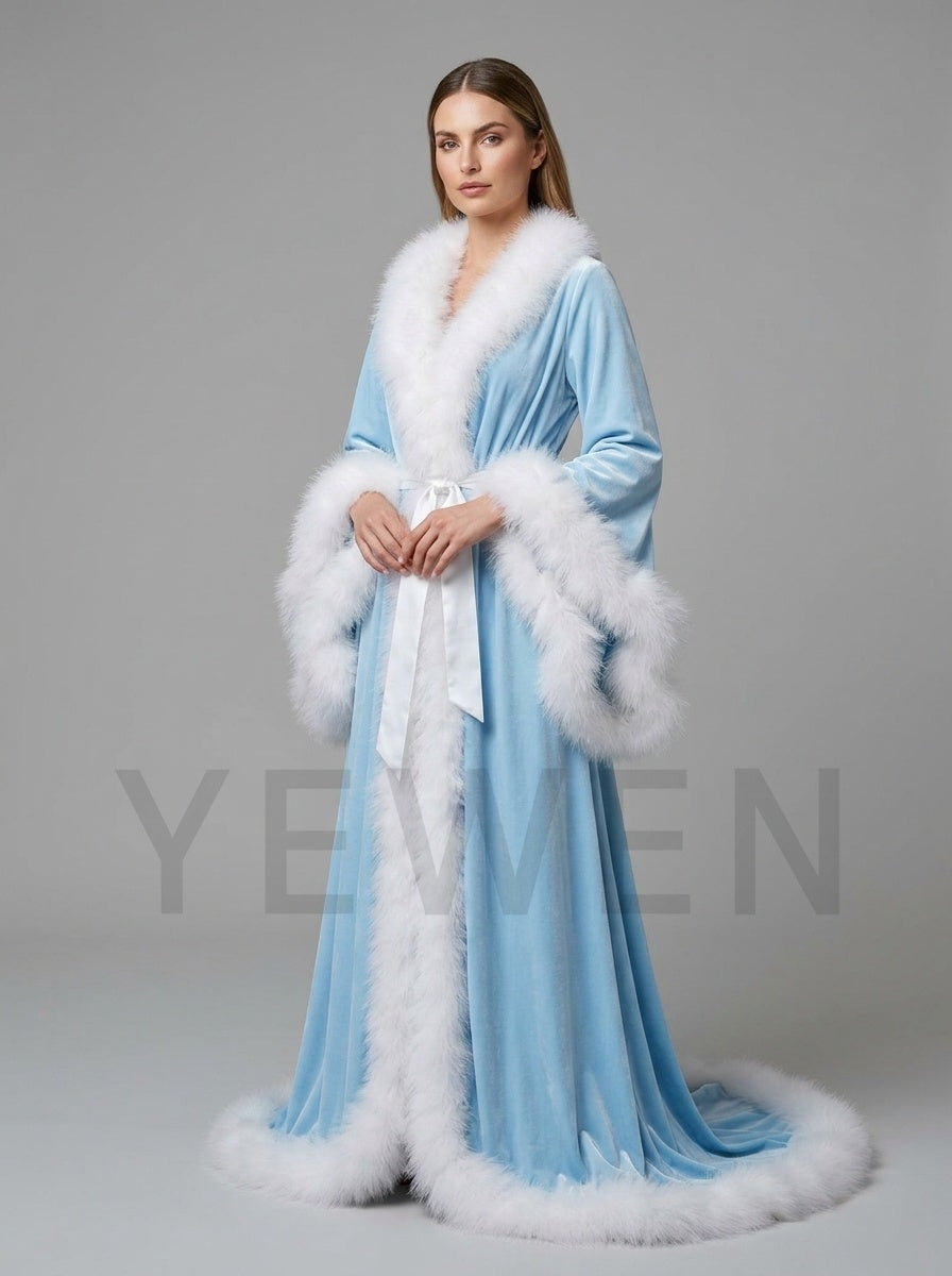 Christmas Robe with White Faux Fur Trim and Flared Sleeves YD261015