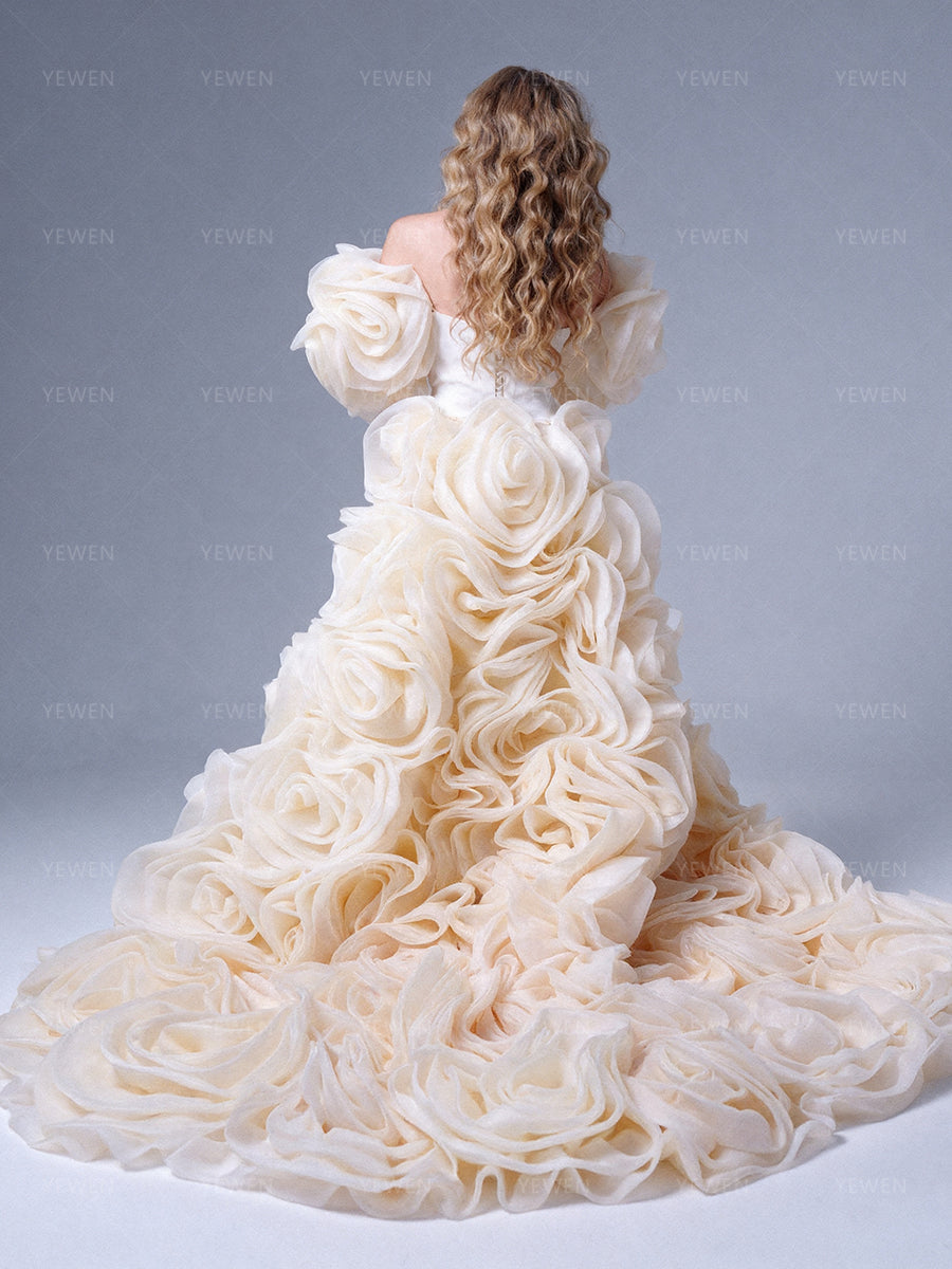 Bridal Organza Cape with Handmade Flowers Detachable Wedding Cape Train Romantic Lightweight Bridal Accessory