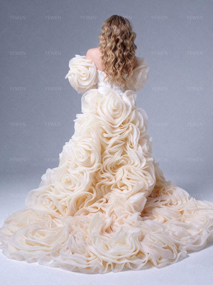 Bridal Organza Cape with Handmade Flowers Detachable Wedding Cape Train Romantic Lightweight Bridal Accessory
