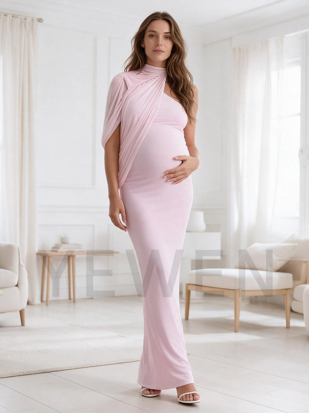 High Neck Draped Shoulder Cape Maternity Dress for Baby Shower