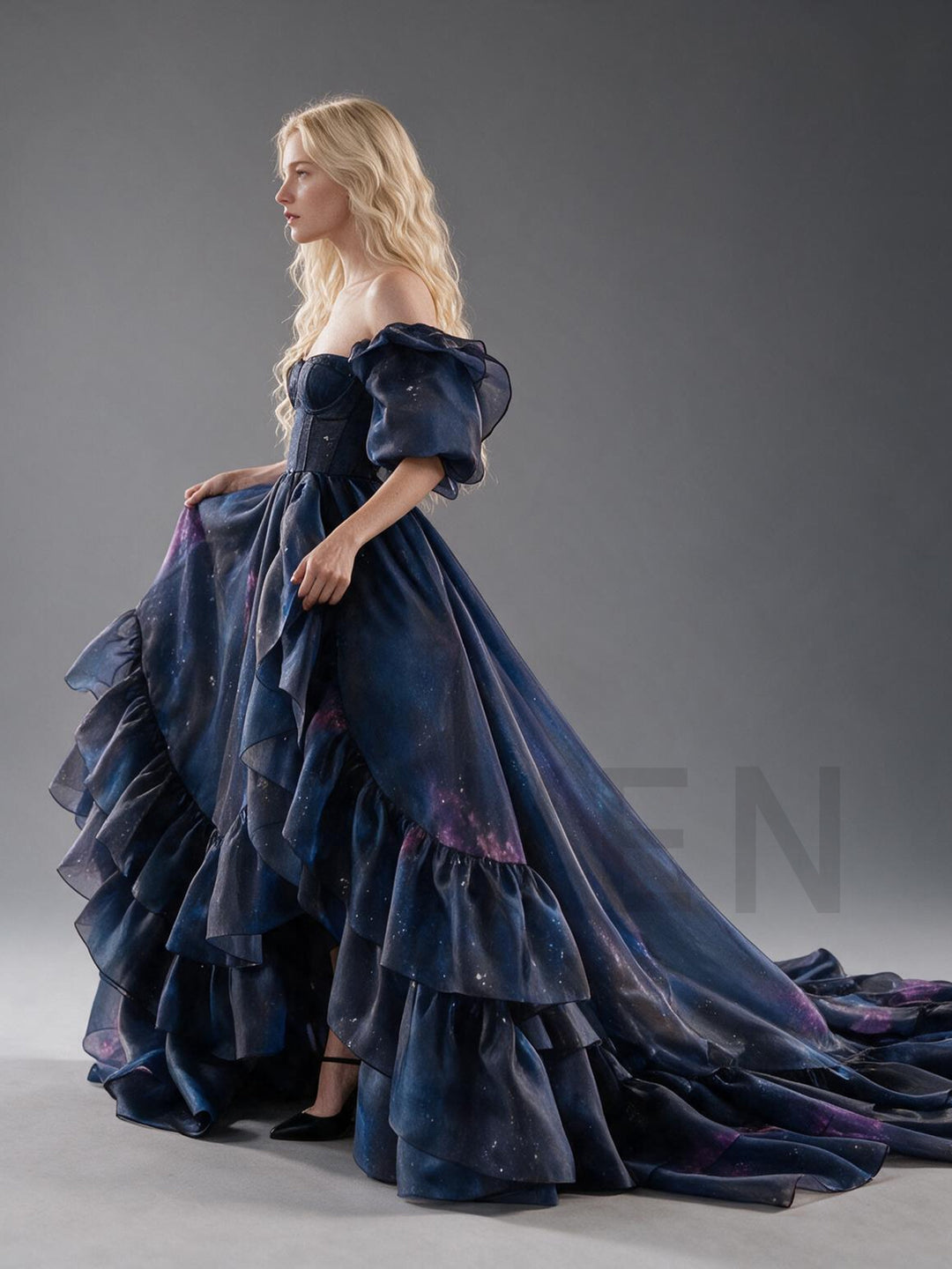 Navy Galaxy Off-Shoulder Ruffle Puff Sleeve Princess Dress YW2609275
