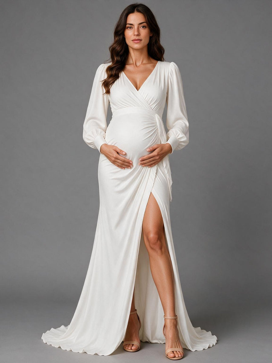 White Wrap V-neck Long Sleeves Maternity Dress For Baby Shower