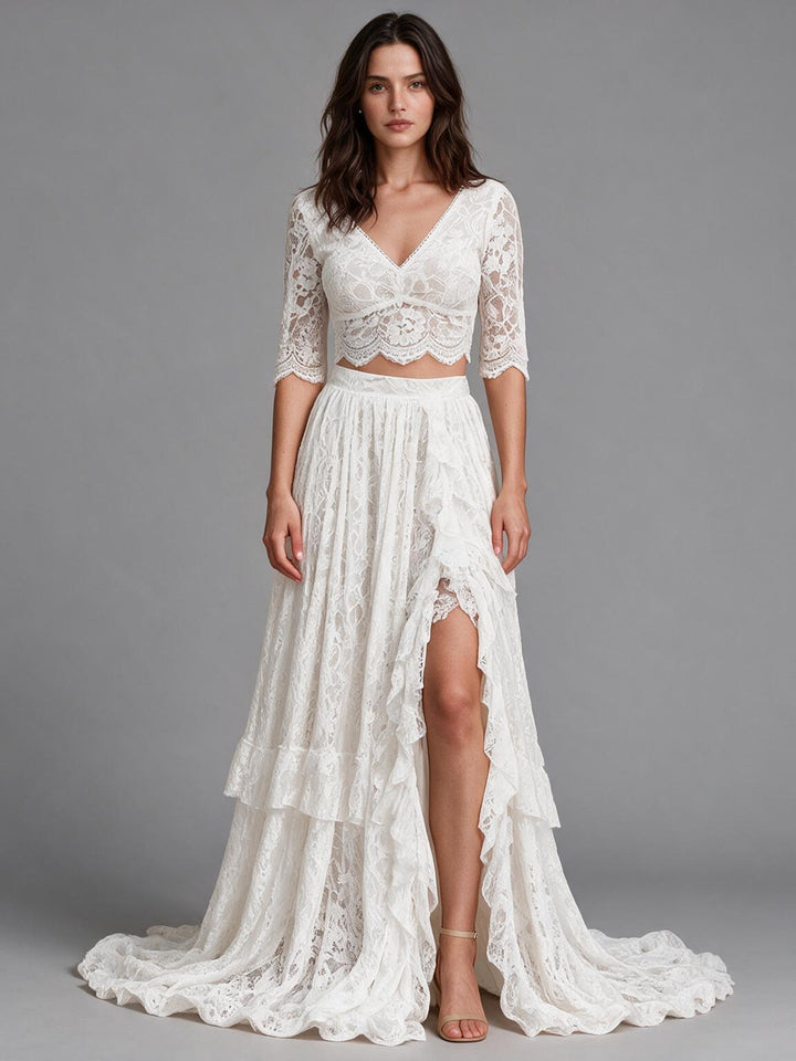 Ivory Two-Piece V-Neck Lace Crop Top Elbow Sleeve Boho Wedding Dress