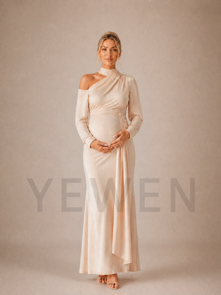 Champagne Maternity Baby Shower Dress Cold Shoulder Mock Neck Gown ZX008